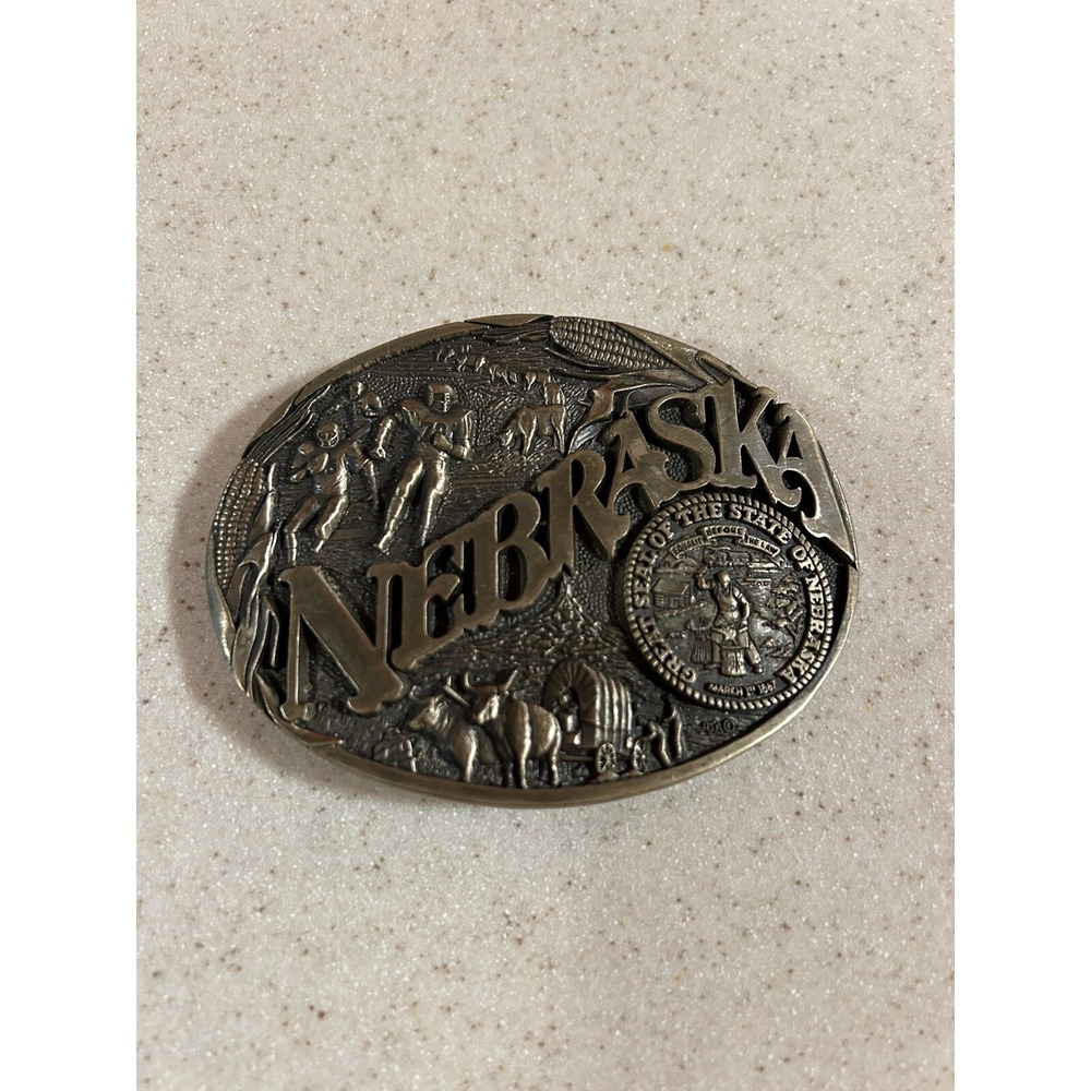 Brass Nebraska Belt Buckle State Seal Football Vtg 80s Award Design‎ Medals